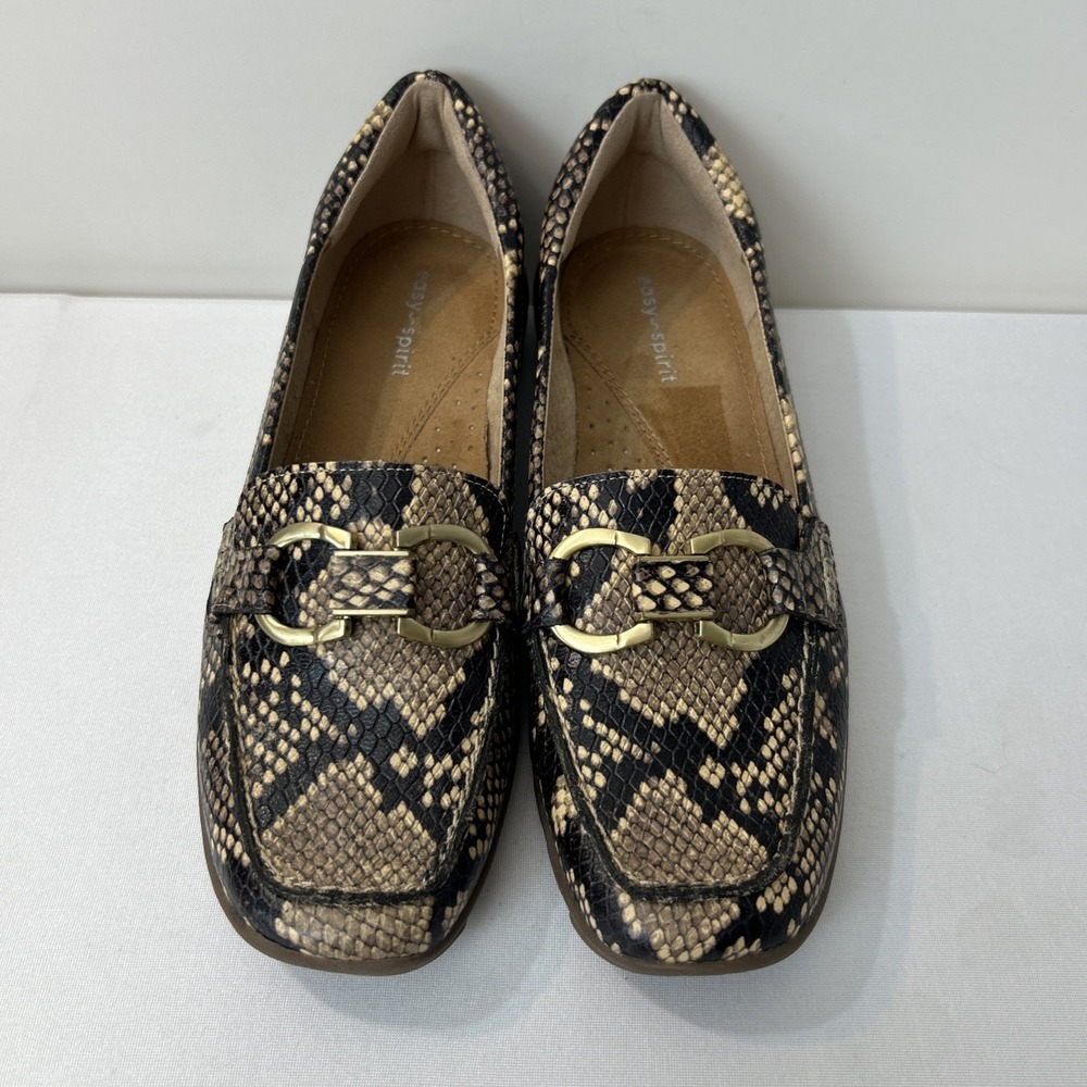 Easy Spirit Bit Loafers 6 Black Tan Snake Embossed Leather Slip On Seavienta